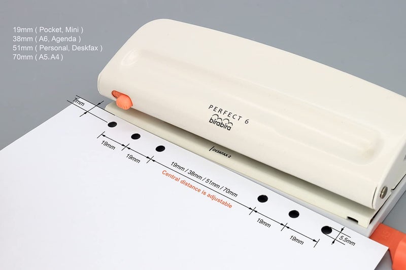 Bira Craft Adjustable 6 Hole Punch, Off White, 8 Sheet Capacity, Mini/Pocket A3/ A4 / A5 / A6 / Agenda/Personal/Deskfax, Performance Guaranteed - Image 2